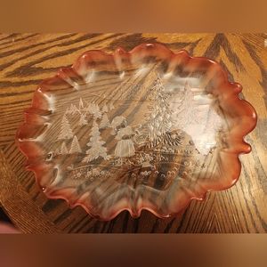 Mikasa Crystal Frosted 17 1/4" Christmas Story Ruffled Pink Rim Canape Platter